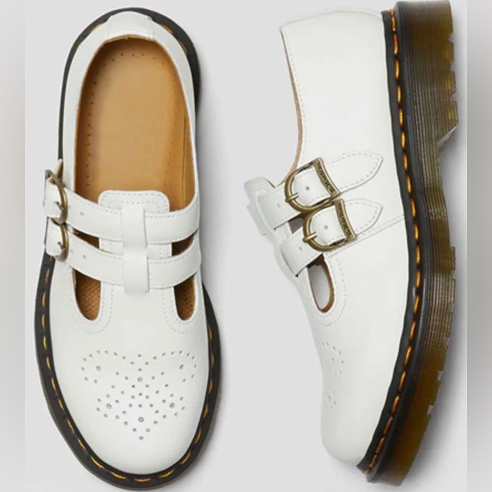 Dr. Martens 

White Vegan Leather Round Toe Buckled Vamp Strap Flat Mary Janes